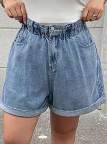 Dazy Plus Elastic Waist Loose Wide Leg Fringed Hem Washed Blue Denim Shorts, Summer