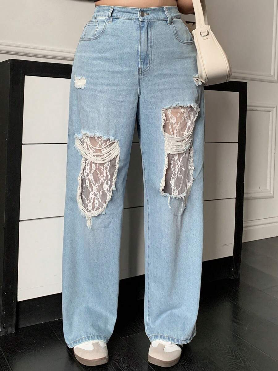 Dazy Plus 浅蓝色水洗破洞撞色蕾丝宽松直筒牛仔裤，四季皆宜