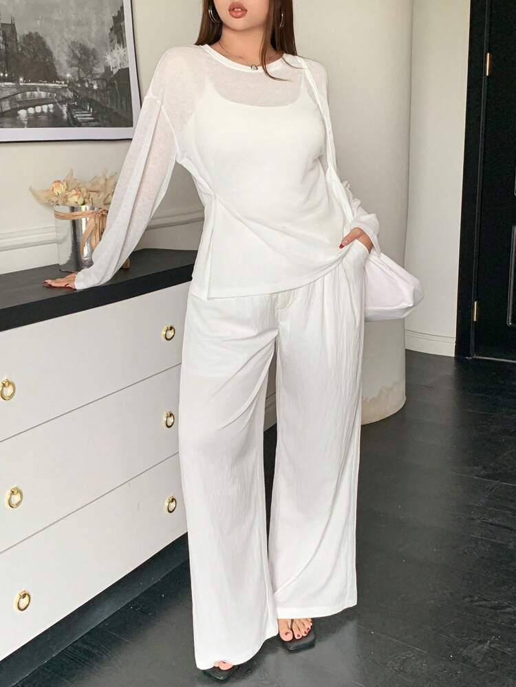 Dazy Plus Plus Size 2pcs/Set Loose Button Design Round Neck Cover Up And Long Pants Set, White Lounge Sets For Women