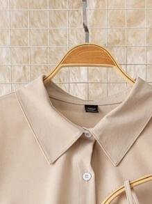 DreamSkyne 大码女式三件套：休闲纯色长袖衬衫、合身荷叶边吊带上衣和简约 A 字裙 - 杏色 - 查看 4