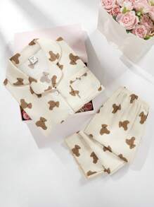 适合青春期女孩的学校女孩睡衣桃色可爱樱桃印花长裤和长袖休闲两件套睡衣套装