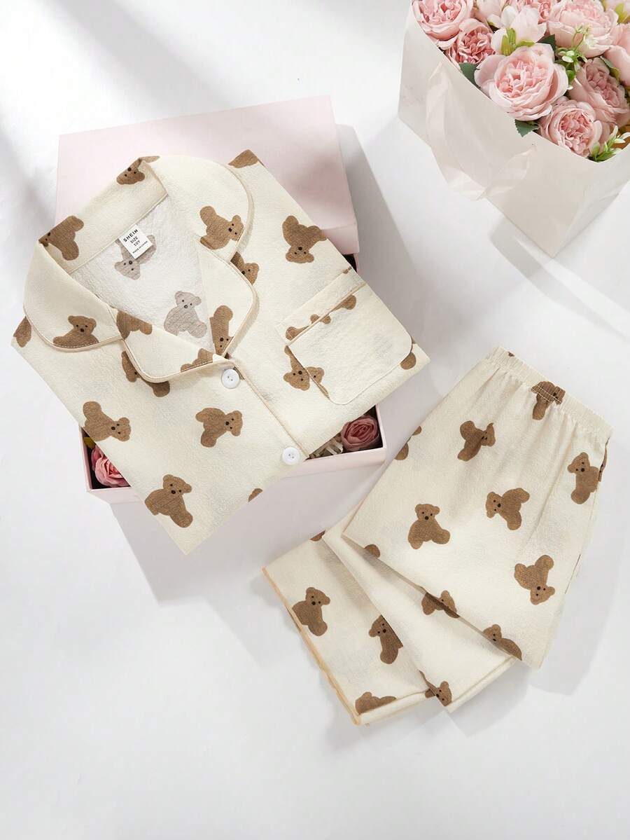 适合青春期女孩的学校女孩睡衣桃色可爱樱桃印花长裤和长袖休闲两件套睡衣套装