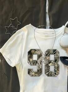 Camiseta de manga corta de cuello redondo informal con estampado numérico, ajustada para niñas, de verano