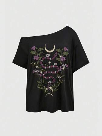 Goth توب أسود غير متماثل عتيق، قطعة علوية بنمط جوتي عتيق غير متماثل ليتناسب مع الصيف، بتصميمات طبعات النجوم، الزهور، الأشكال الهندسية المختلفة، بأسلوب الشارع الكاجوال