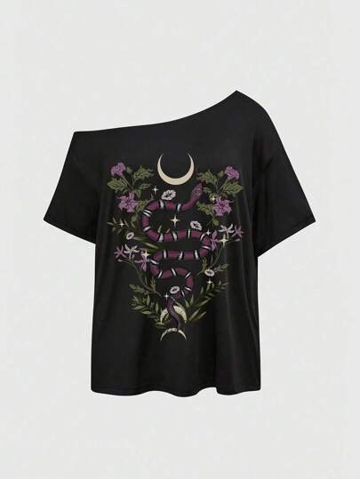 Goth توب أسود غير متماثل عتيق، قطعة علوية بنمط جوتي عتيق غير متماثل ليتناسب مع الصيف، بتصميمات طبعات النجوم، الزهور، الأشكال الهندسية المختلفة، بأسلوب الشارع الكاجوال