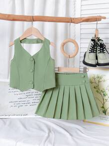2 件套幼儿女童 3D 纽扣装饰休闲露背背心和百褶裙套装，适合夏季、通勤、休闲