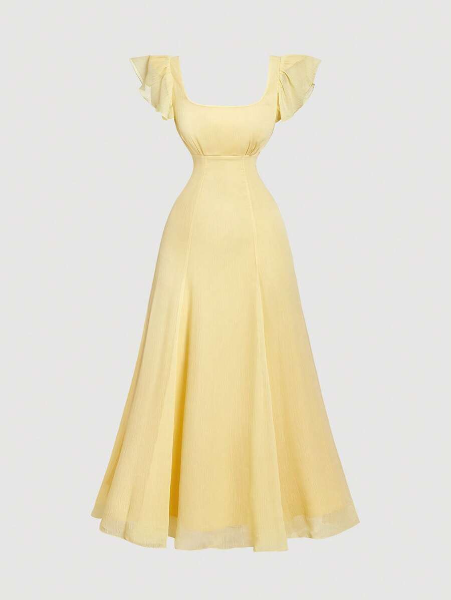 SHEIN MOD Váy xòe tay lỡ màu vàng thắt eo - Màu vàng - Xem 1