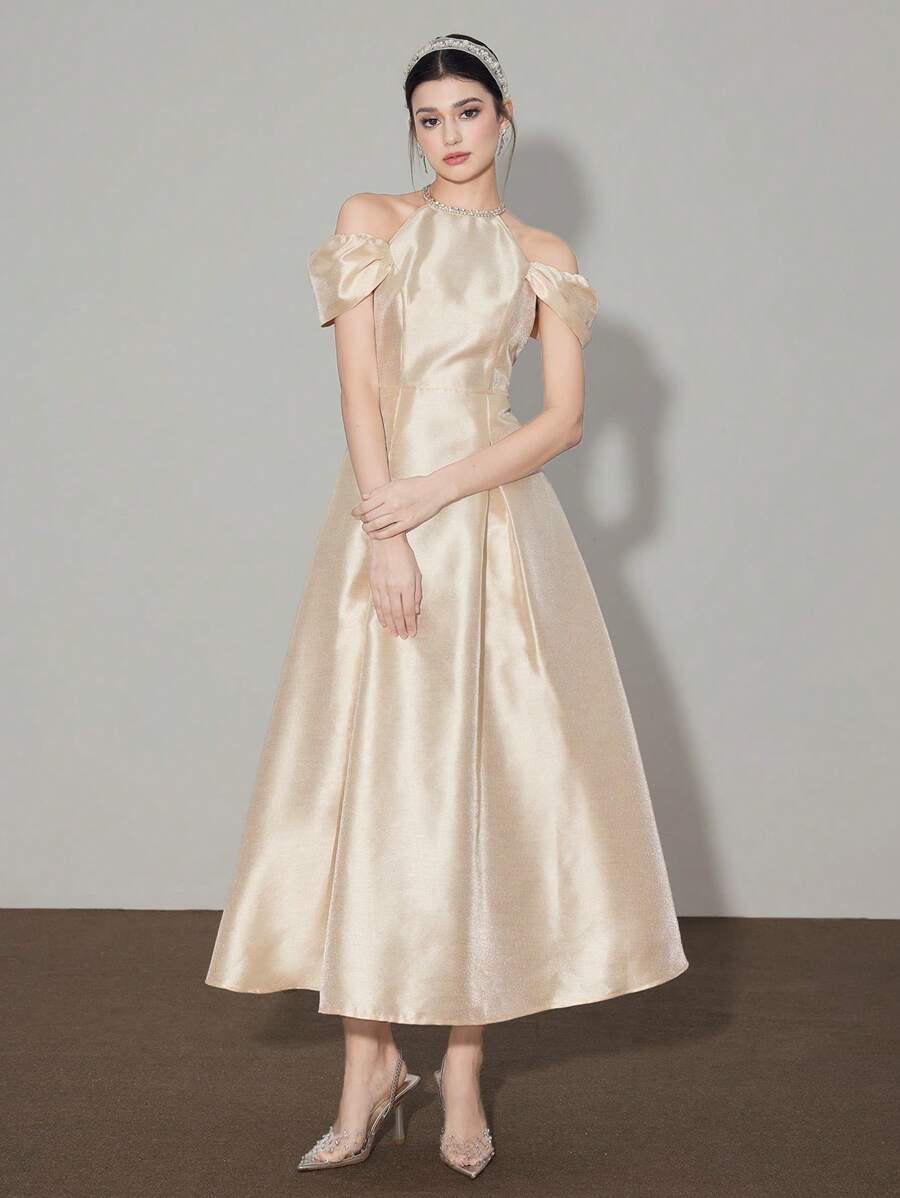 Modelyn Cổ tròn, tay trễ vai, trang trí đá giả, eo chữ A, váy dài dự tiệc thanh lịch - Màu be - Xem 1