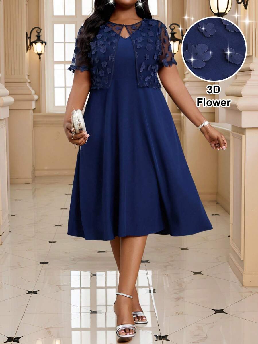 SHEIN Lady Spring And Summer Woven Navy Blue Chiffon Round Neck Waist A-Line Dress With Mesh Embroidery Short Plus Size Jacket Plus Size Two Pieces Set Summer Outfits For Women Summer Dresses For Women Vacation Outfits Woman Beach Outfits For Woman Wedding Guest Dress Women Birthday Dresses For Women Cheetah Print Business Casual Woman Birthday Outfits For Women 4th Of July Women - Navy Blue - View 1