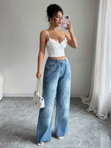 Elenzga Damen Jeans mit mittlerer Leibhöhe, gerader Beinform, Stickerei- und Strass-Verzierung