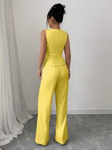 Elenzga Women Elegant Sleeveless Suit Vest And Pants Set, Business Casual, Summer - Yellow - View 2