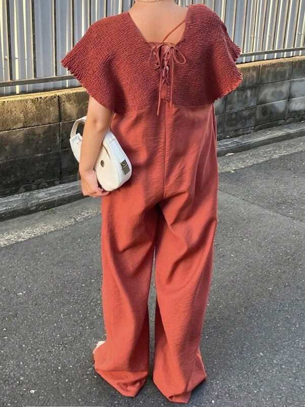 Dazy Plus Shirred Loose Patchwork Long Jumpsuit