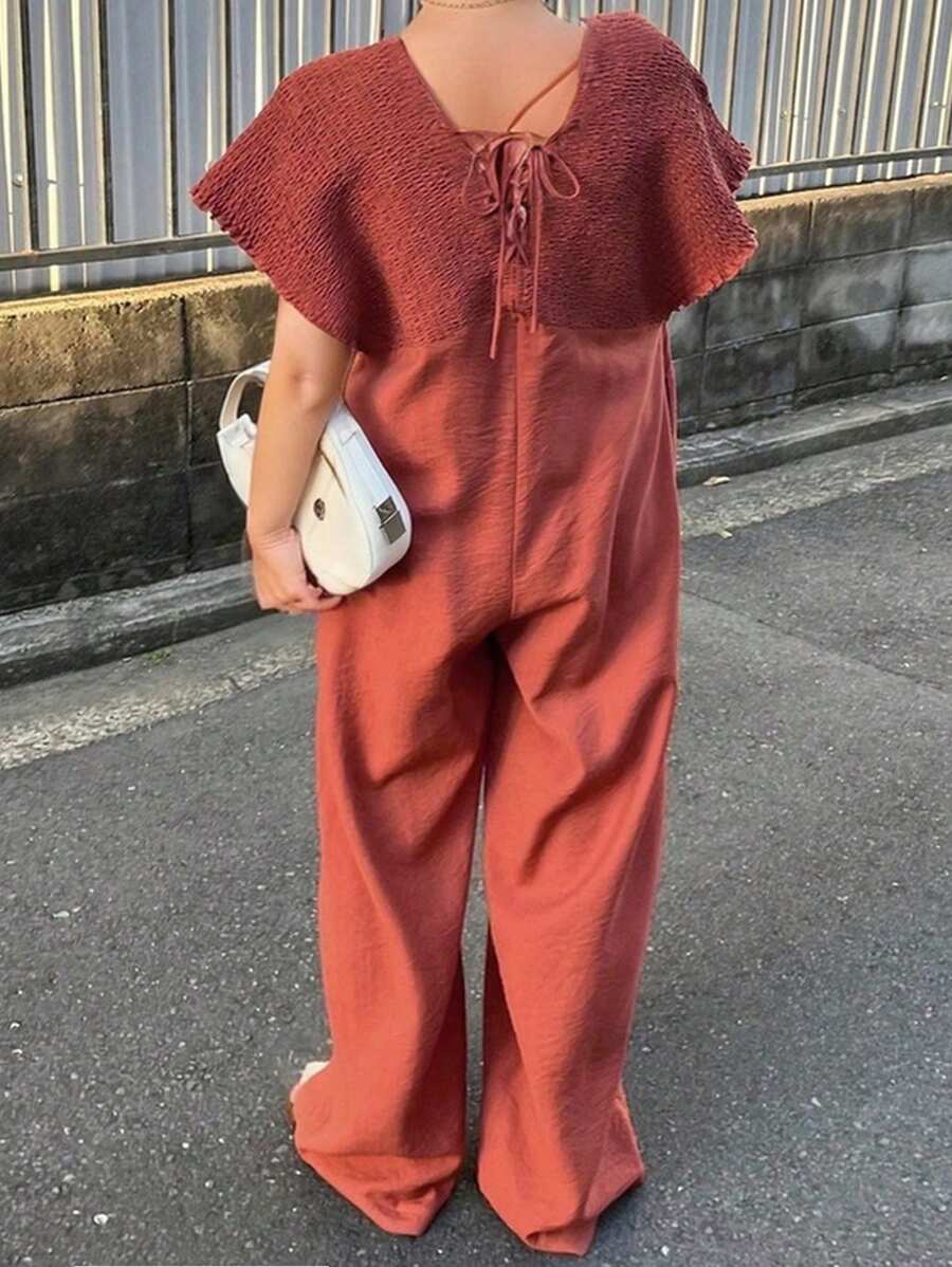 Dazy Plus 加大码褶皱宽松拼布长款连体裤，返校服