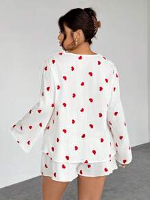 Firerie Plus Size Summer Casual Heart Embroidered Shirt & Shorts 2 Pieces Set - White - View 3