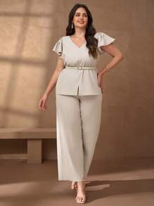 Chikora 2 piezas Conjunto de mujer talla grande - Top de manga corta con cuello en V y pantalones, unicolor elegante y sencillo