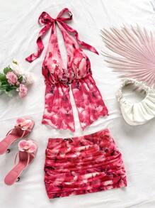 SHEIN x Eduarda Gutierrez Soleia 女士复古渐变色花卉印花针织网眼露背蝴蝶结上衣和褶饰迷你裙套装，适合派对、约会、下午茶、海滩、狂欢节、夏季 - 玫紅色 - 查看 3