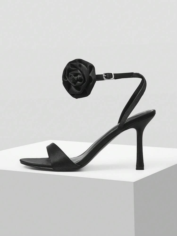 SATIN STEREO FLORAL DECOR HIGH HEEL SANDALS SPRING SHOES