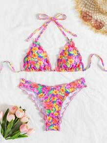 SHEIN 女士全新时尚碎花荷叶边沙滩度假两件套