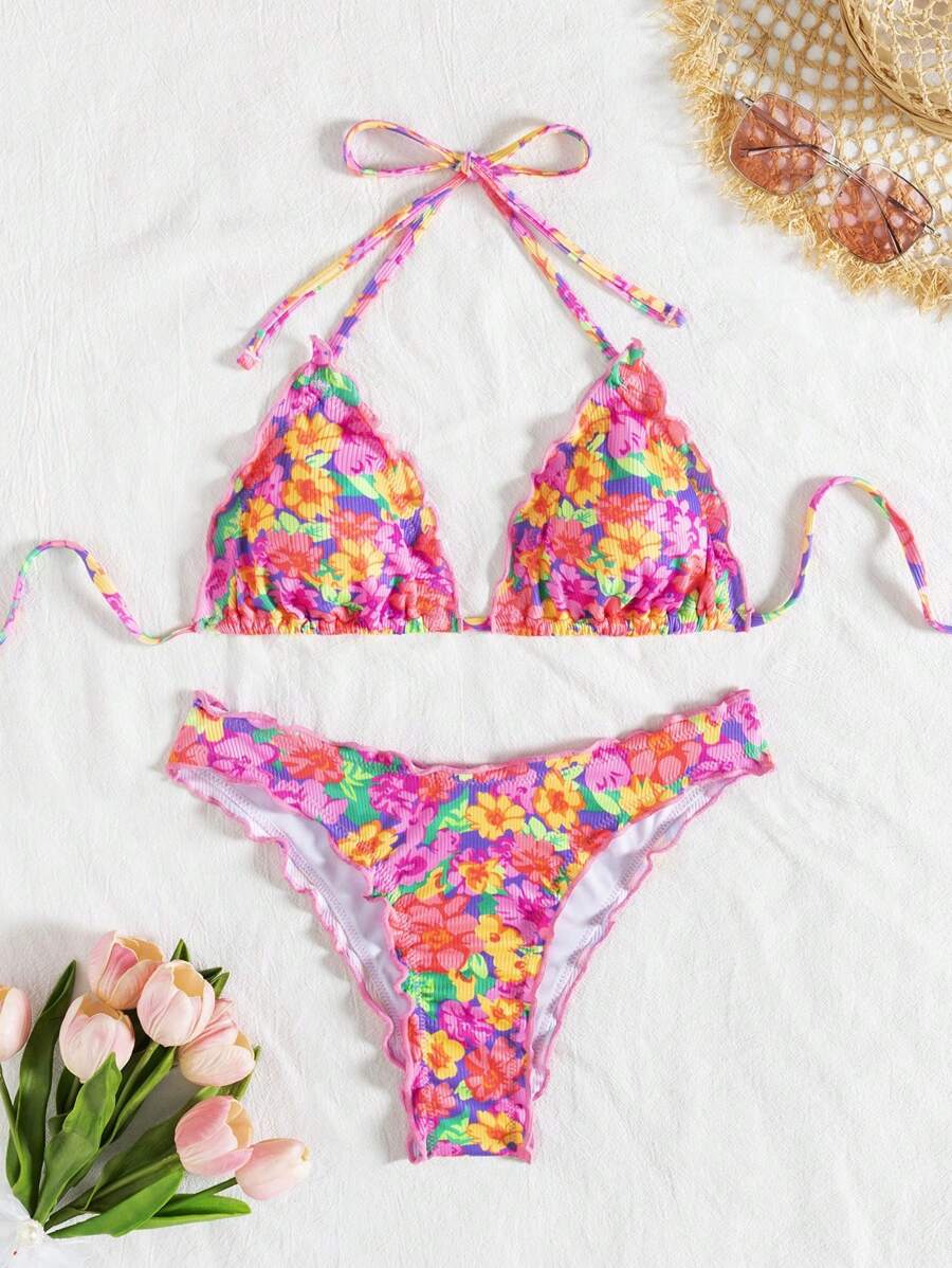 SHEIN 女士全新时尚碎花荷叶边沙滩度假两件套