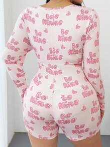 POPSWAY Cute Print Ruched Waist Tight Fit Comfortable Long Sleeve Plus Size Jumpsuits - Pink - View 2