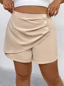SHEIN Clasi Große Größen Shorts mit hoher Taille, Kreuzriemen, Falten und Knopfdetails, geeignet für Pendler, Lässig und Alltagstragen - Aprikosenfarben - Übersicht 5
