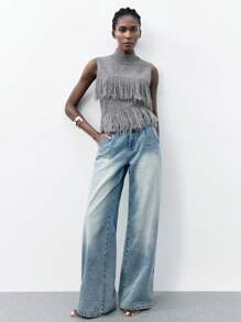 Maija 女士时尚灰色纯色无袖针织流苏不对称下摆商务休闲上衣，适合外出、聚会、度假等场合。 - 深灰色 - 查看 4