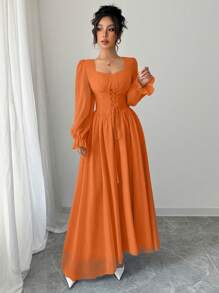Modelyn 女式高端法式纯色蝴蝶领荷叶边袖收腰长裙春秋 - 橘色 - 查看 3
