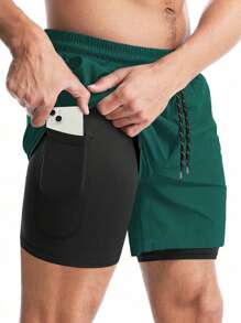 Manfinity Sport Corelite Pantalones cortos deportivos de verano informales para hombres con cintura con cordón, bolsillos parche y 2 en 1