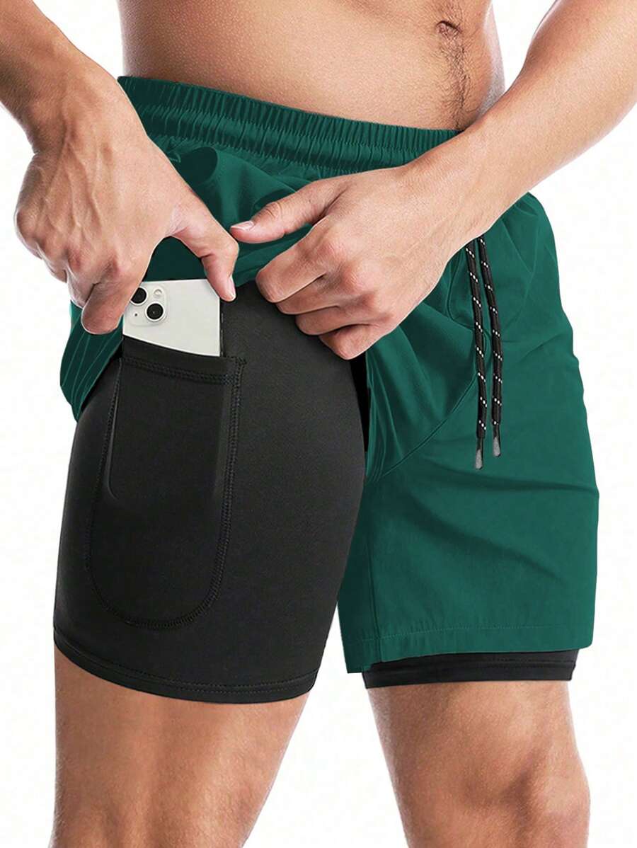 Manfinity Sport Corelite Pantalones cortos deportivos de verano informales para hombres con cintura con cordón, bolsillos parche y 2 en 1