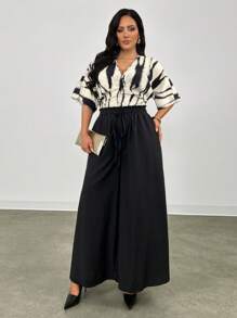 Firerie 2pcs/Set Plus Size Women Summer Elegant V-Neck Allover Print Blouse And Wide Leg Pants