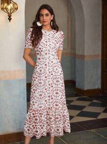 ZEYLAH Short Sleeve Holiday Eyelet Embroidery Long Dress - Red - View 4