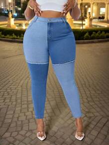 SHEIN SXY 大码女式撞色时尚紧身牛仔长裤