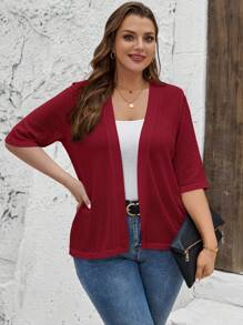 Chaqueta de talla grande para mujer de manga 3/4, de tela texturizada y de unicolor con abertura frontal - Burdeos - Ver 3