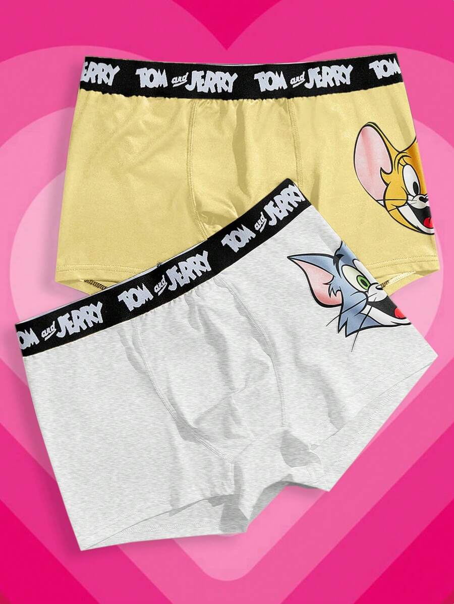 TOM & JERRY X SHEIN 男士字母和卡通图案可爱平角内裤 - 黃色 - 查看 1