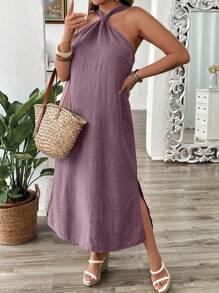 SHEIN LUNE 大码牛仔效果印花吊带中长连衣裙