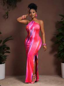 Slaydiva 新款露背系带高开衩连衣裙，抽象渐变几何印花，百搭休闲，适合春夏海滩度假及日常穿着 - 橙色，女士太阳裙 - 彩色 - 查看 3