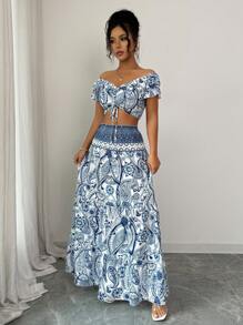 Elenzga 2 Pieces Set: Women's Print Cropped Shirt And Skirt