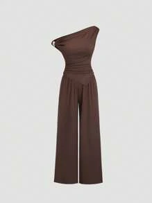 Sweetra 女士两件套：简约百搭银色金属不对称露肩上衣和休闲直筒阔腿裤