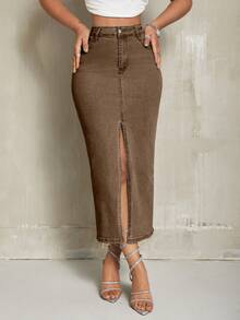 SHEIN SXY Women's Casual Solid Color Split-Hem Fitted Denim Mini Skirt Brown Denim Skirt Long Skirt With Slit - Coffee Brown - View 5
