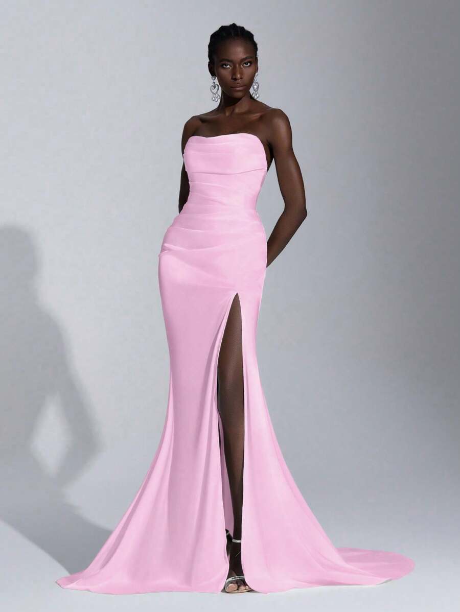 Elitara Women's Elegant Solid Color Satin High Slit Sweep Train Tube Top Wedding Dress - Baby Pink - View 1