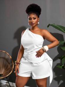 Veslaya 2025秋冬新品，女士秋冬装，万圣节，音乐节，复活节，西部风，游牧风，生日派对，毕业典礼，学生，日常穿着，休闲，度假，邮轮旅行，沙滩，日光浴，时尚，女士大码白色单肩系带蝴蝶结上衣+松紧腰短裤休闲套装 - 白色 - 查看 10