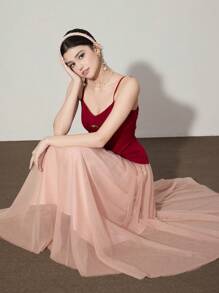 Modelyn 女士拼色细肩带无袖网眼连衣裙，优雅夏日 - 紅色 - 查看 8