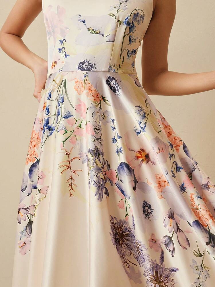 Elegant Floral Print Sleeveless Dress, Summer