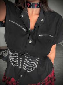 Whyspr Blusa de corte evasé con diseño de tirantes para tallas grandes con estilo grunge y punk - Negro - Ver 1