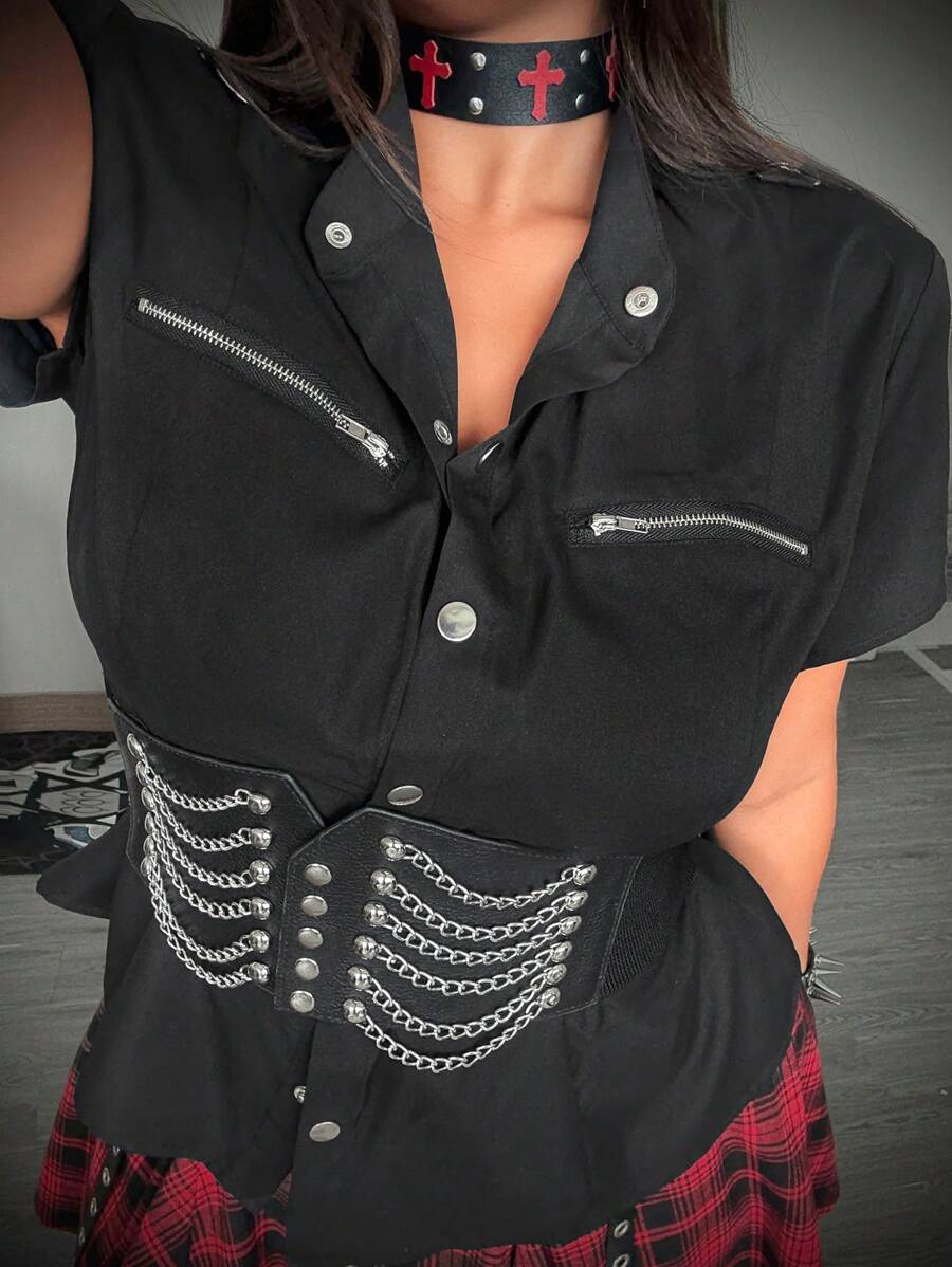 Whyspr Blusa de corte evasé con diseño de tirantes para tallas grandes con estilo grunge y punk - Negro - Ver 1