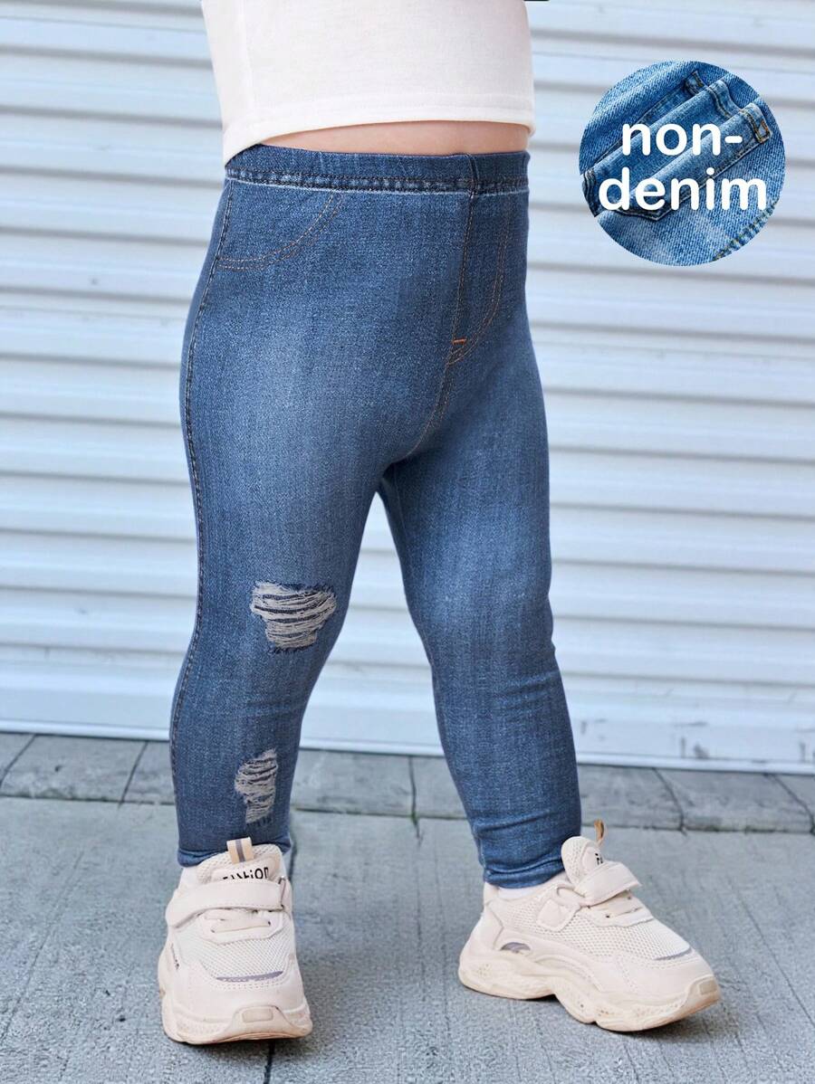 SHEIN 嬰幼兒女孩牛仔印花彈性腰帶打底褲 - 藍色 - 查看 1