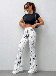 SHEIN EZwear Lässige Schlaghose Für Damen Große Größen Mit Batikmuster Und Tintenspritzer-muster In Schwarz Und Weiß, Geeignet Für Den Sommer