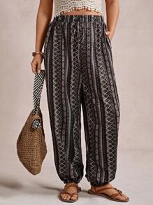 Freevana Quần Capri kẻ sọc túi rộng rãi có dây rút cỡ lớn cho nữ - Nhiều màu - Xem 4