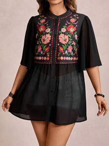 Freevana Plus Size Summer Holiday Floral Print Front Button Loose Blouse Summers For Women Graphic Top Going Out Tops Women Western School Clothes Vintage Cute Shirts Fall 2000s Style Beach Vacations Country Fall Women Clothes Teacher Vintage Clothes Women Boho Rave Boho Tops For Women Boho Blouses