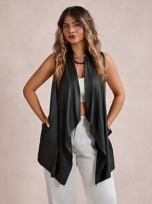 Freevana 大碼大翻領PU皮革外套馬甲 - 黑色 - 查看 3